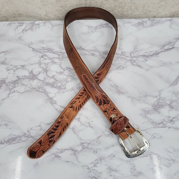 Tony Lama Brown Leather Floral Tooled Belt with Silver Buckle Top Hand - Picture 13 of 16